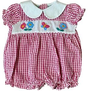 Good Kidz Pink Gingham Bubble Romper Floral Butterfly 3-6M Peter Pan Collar